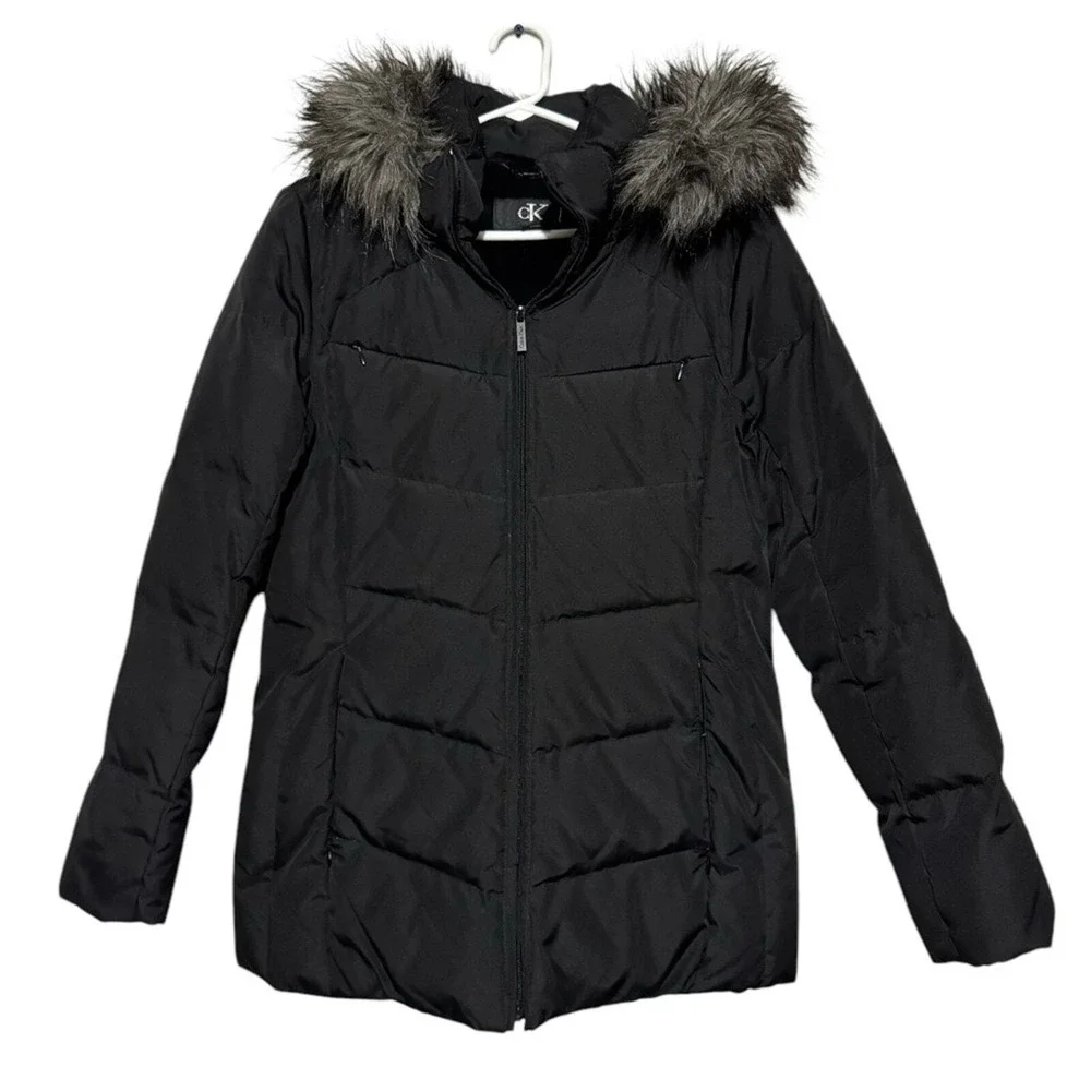 Calvin Klein Black Quilted Down Fulled Winter Puffer‎ Coat Fur Hood Size Medium